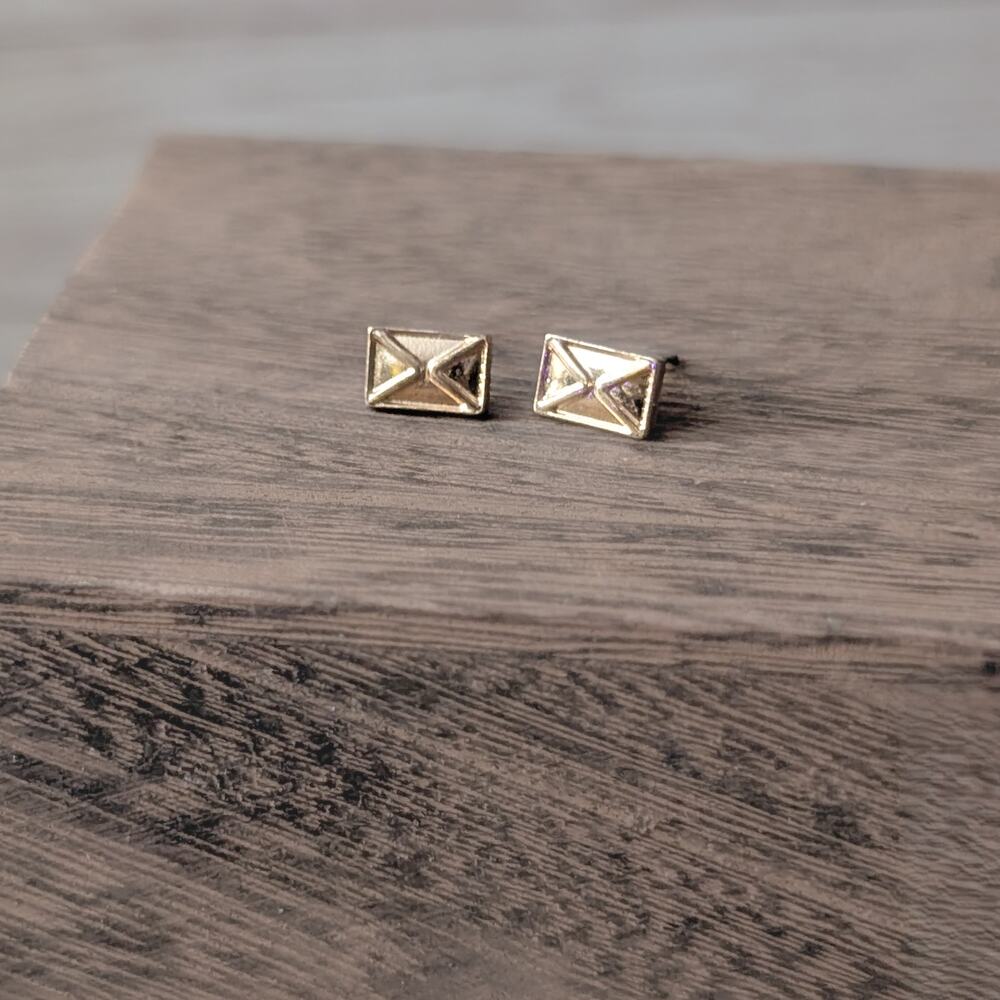 Vintage Stud Earrings Small Gold Tone Rectangle with Design